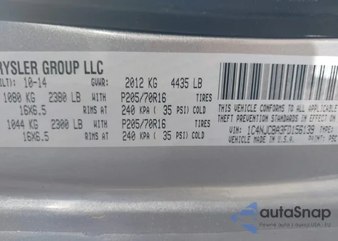 2015 Jeep Compass Sport z USA, uszkodzony, nr VIN 1C4NJCBA3FD156139